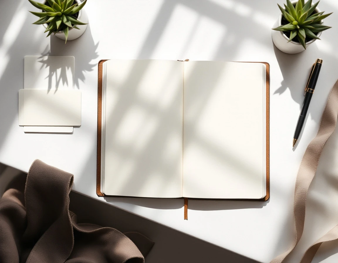 Flat lay of blank notebooks and business materials on white desk with natural lighting