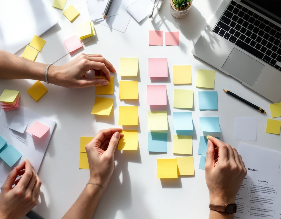 Hands arranging colorful blank sticky notes on desk in organized grid pattern for content workflow planning