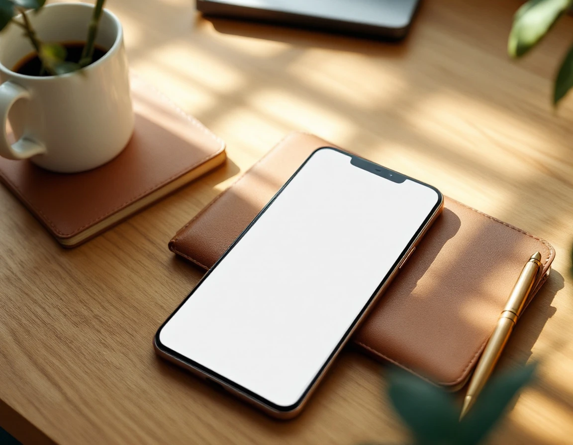 Smartphone on wooden desk showing business profile interface in natural office lighting