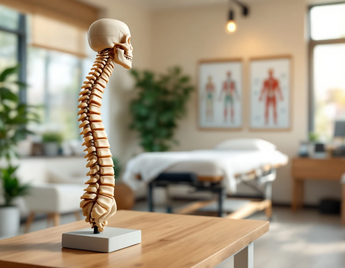 Chiropractic office with anatomical spine model and educational health charts for patient education