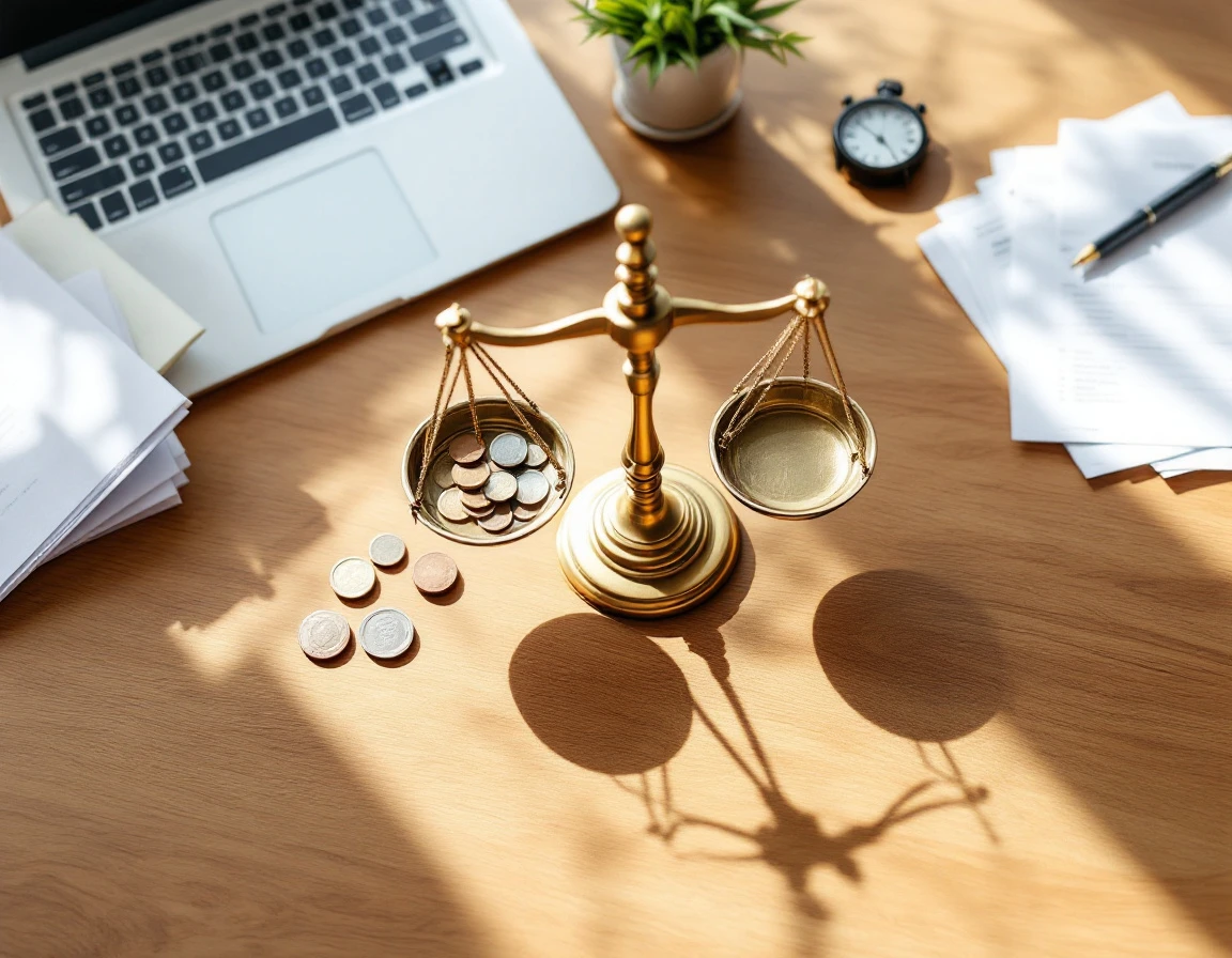 Brass balance scale with calculator and coins weighing financial business decisions