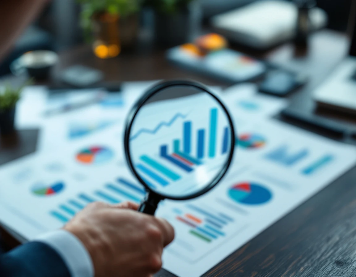 Magnifying glass examining abstract analytics and blurred data patterns on a professional desk
