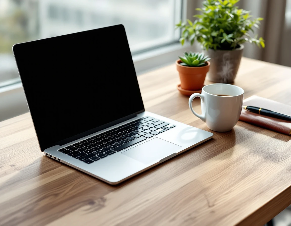Laptop workspace with coffee and notebook showing content optimization workflow environment