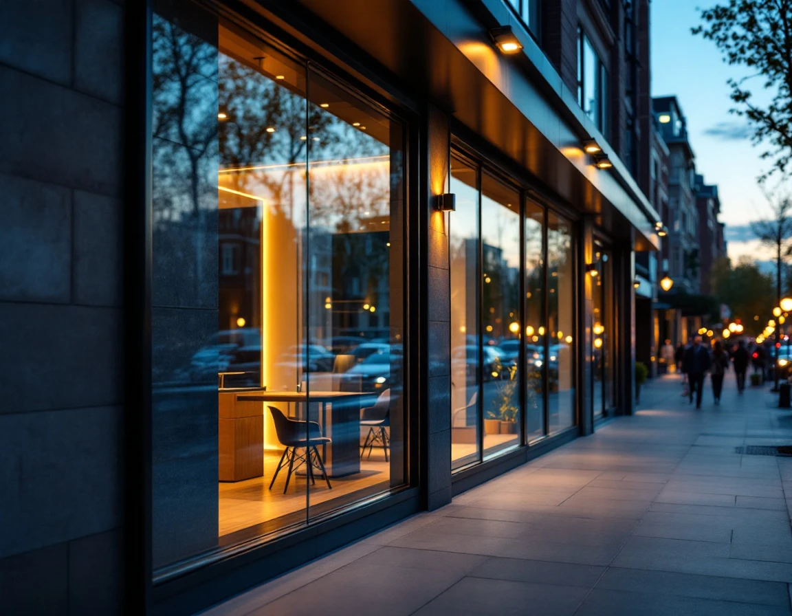 Modern commercial storefront with glass windows at dusk showing professional service business interior