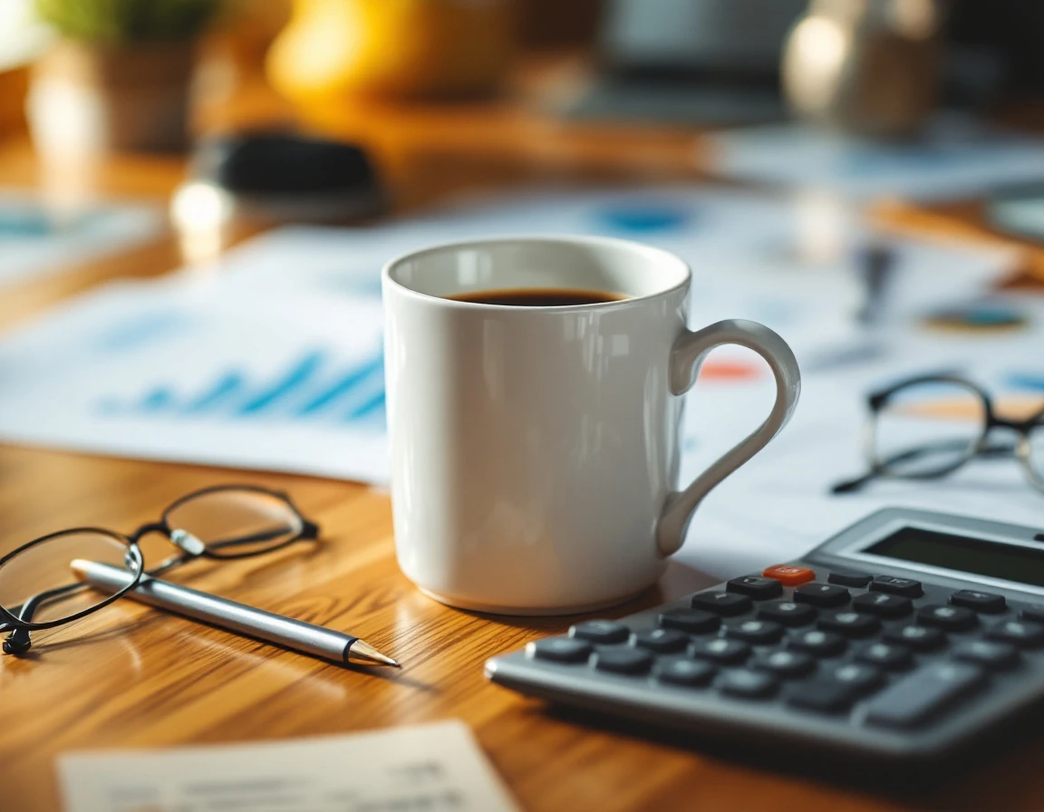 Professional workspace with coffee mug, calculator, and blurred financial documents on wooden desk