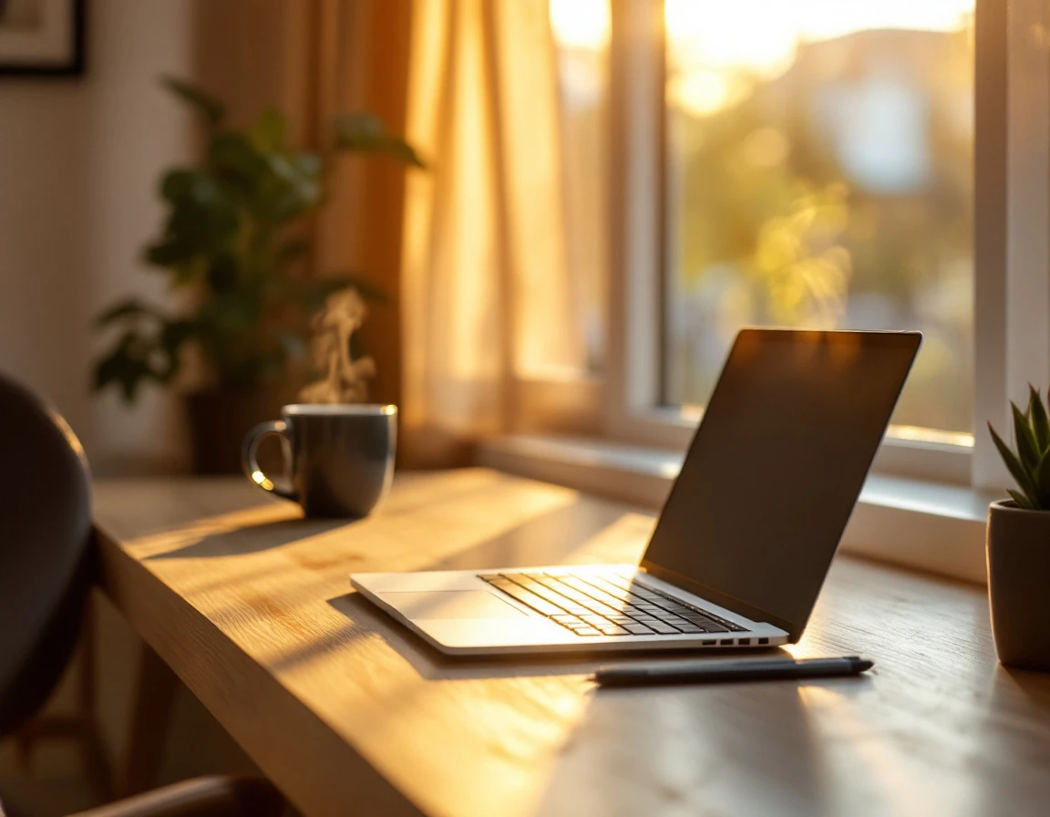 Clean minimalist workspace with laptop and coffee mug in morning natural light