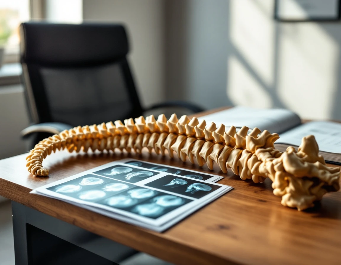 Chiropractor's desk with anatomical spine model, patient X-rays, and consultation materials in natural window light