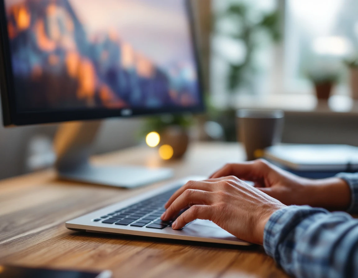 Hands typing on laptop keyboard at wooden desk with blurred monitor in background