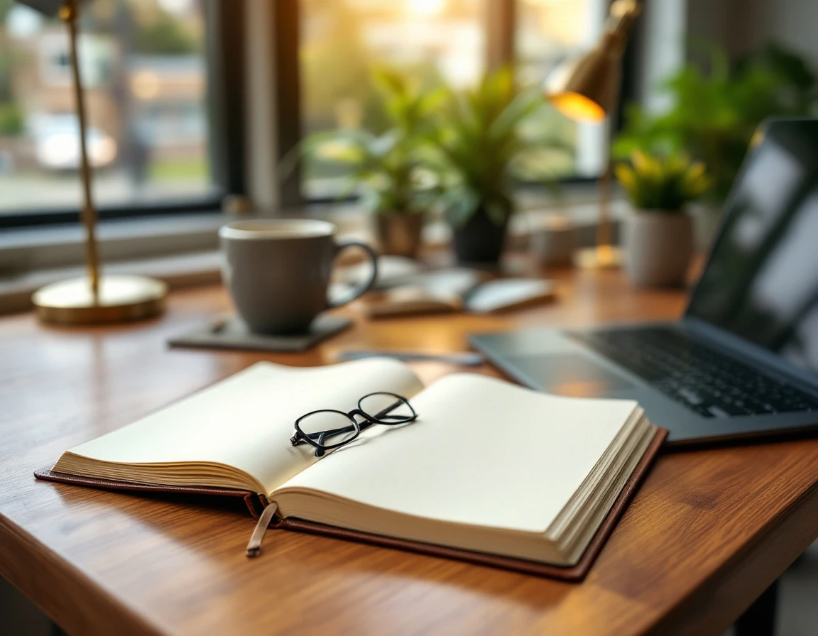 Professional desk workspace with open journal, laptop, and coffee mug in healthcare office setting