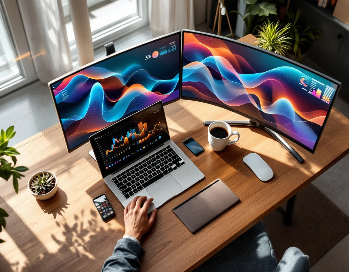 Workspace desk with laptop and monitor displaying colorful data visualization charts and analytics graphics