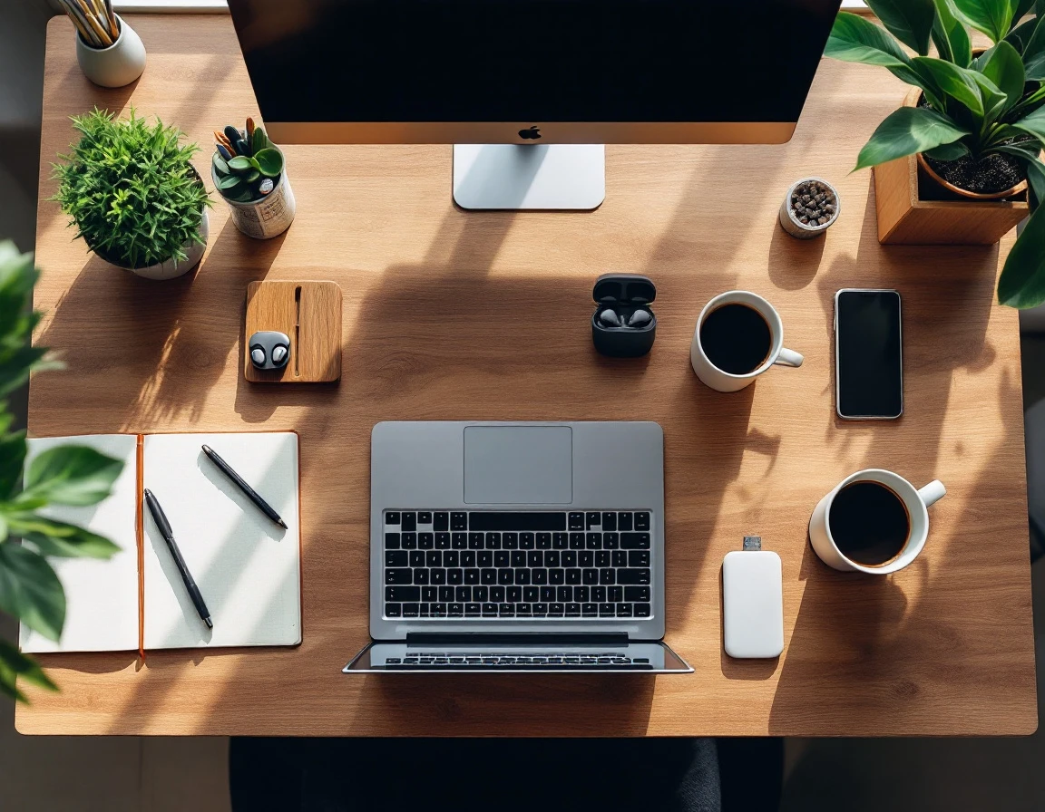Organized workspace with laptop, smartphone, and productivity tools arranged on wooden desk