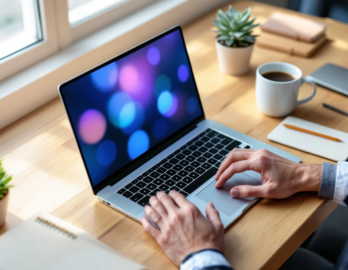 Hands typing on laptop at organized workspace with coffee and notebook during optimization workflow