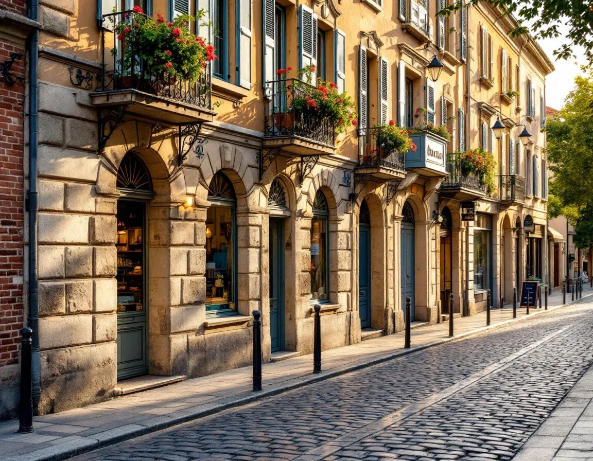 Historic European neighborhood street with traditional storefronts and cobblestone walkway at golden hour