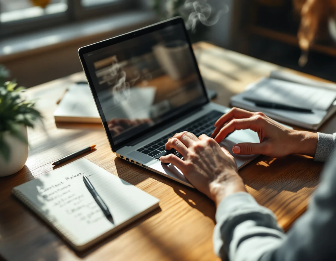 Hands typing on laptop at workspace with coffee and notepad during quality review process