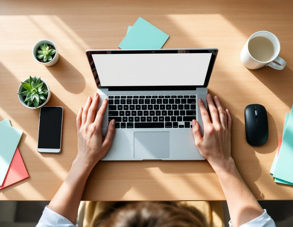 Clean workspace desk with laptop, phone, and hands positioned for content automation workflow