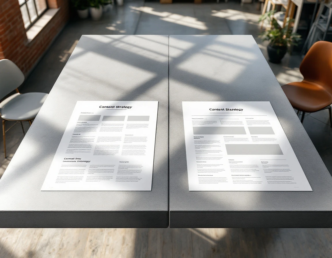 Side-by-side comparison of unrefined and polished content layouts on studio desk surface