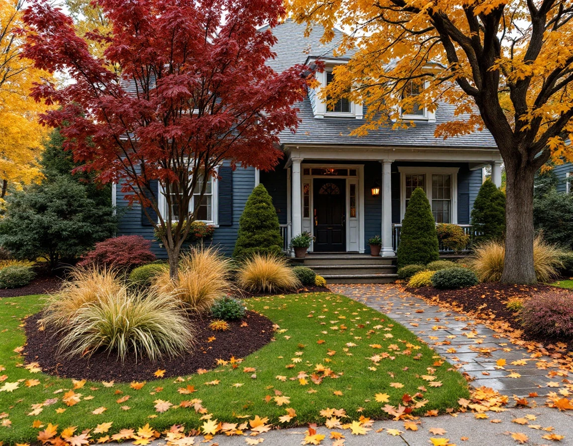 Well-maintained residential property with autumn foliage and professional fall landscaping services