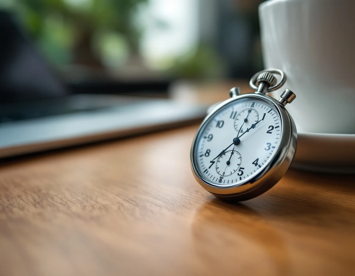 Vintage stopwatch on desk beside laptop measuring time to first deliverable