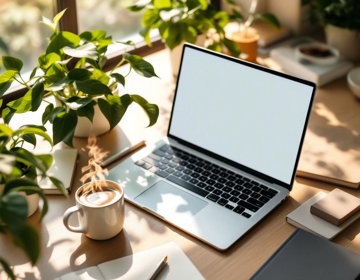 Modern workspace with laptop, plants, and coffee showing a content optimization environment