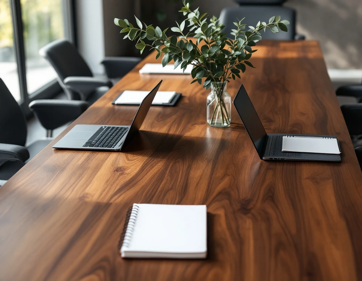 Modern conference table with blank notebooks and closed laptops in natural window lighting