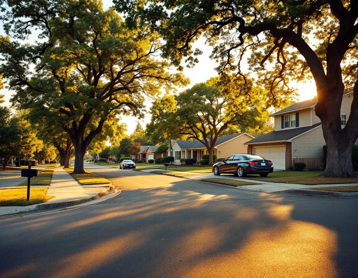 Suburban residential street with multiple homes at golden hour showing natural lighting and neighborhood character