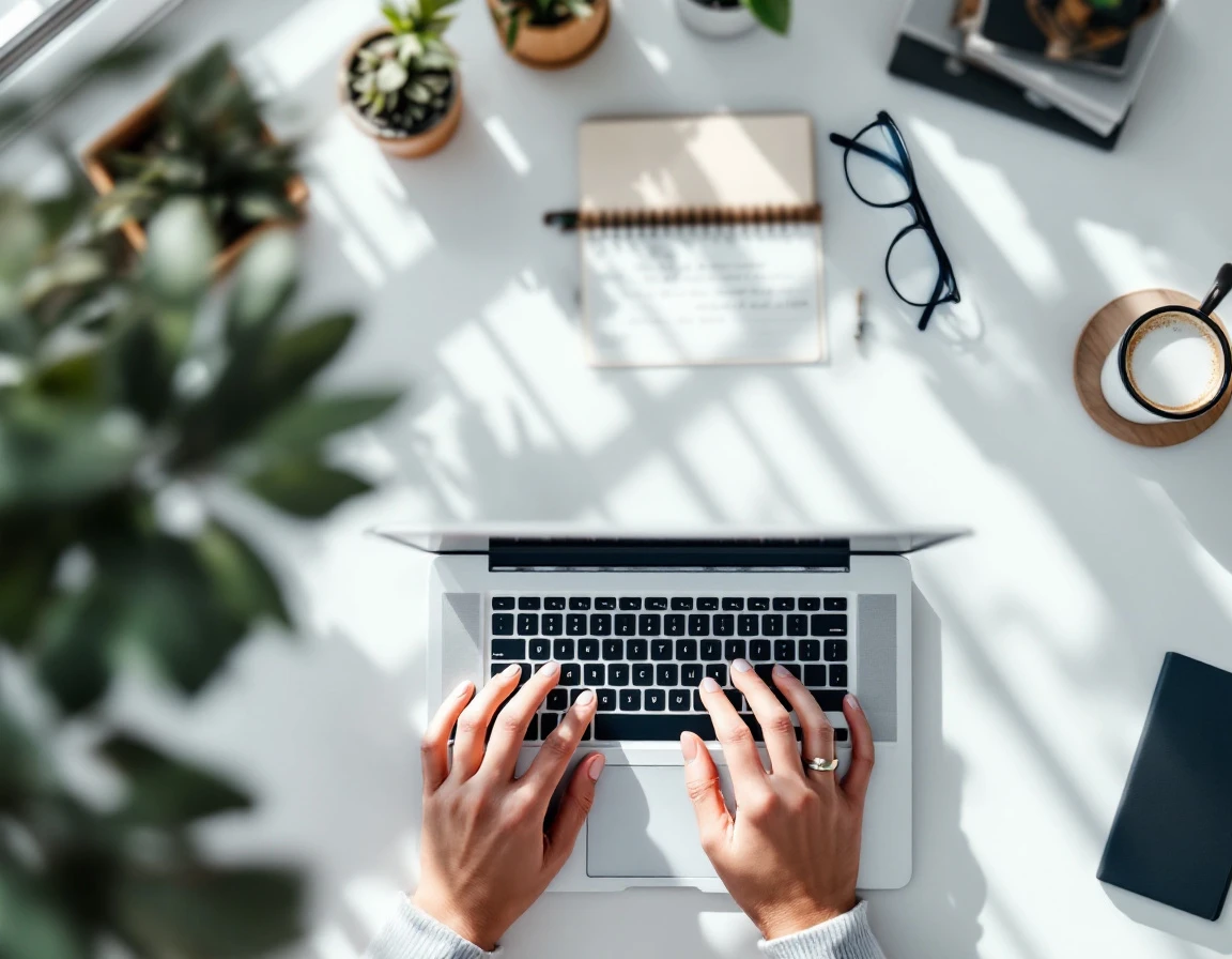 Hands typing on laptop keyboard with organized workspace including notebook and coffee mug