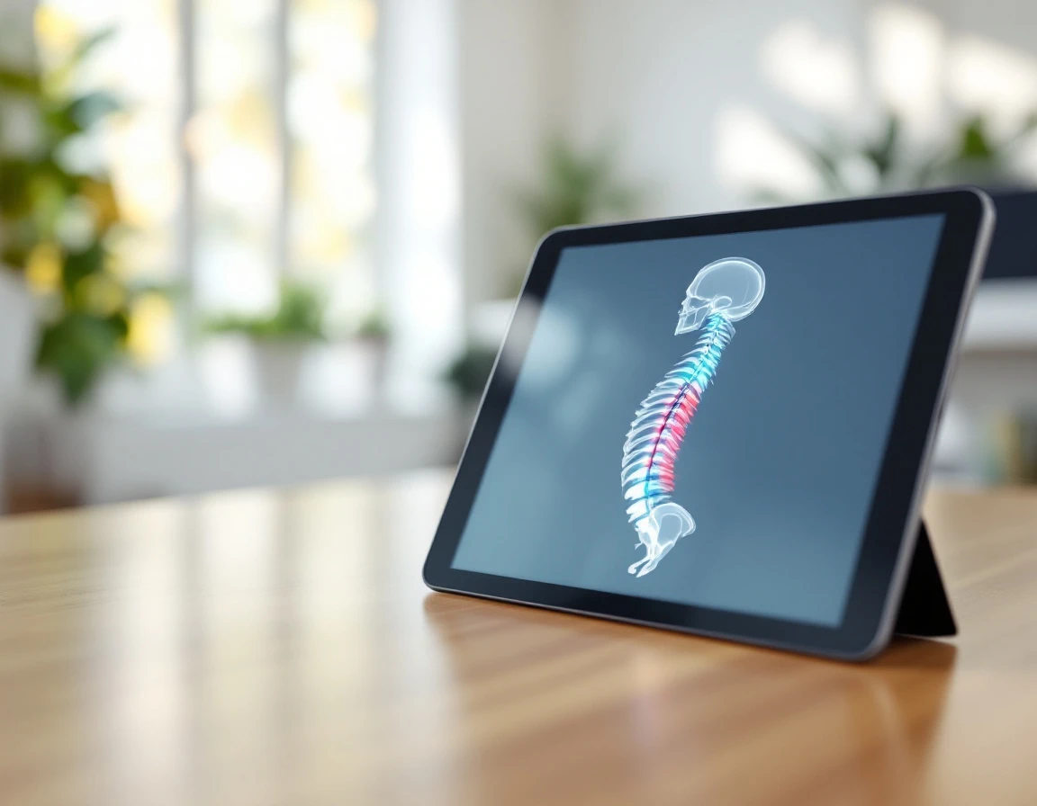 Tablet displaying spinal anatomy diagram on desk in modern chiropractic office with natural lighting