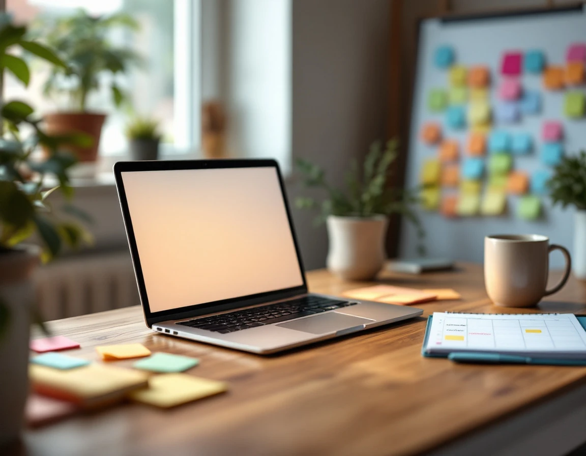 Organized workspace with laptop, calendar planner, and color-coded notes for monthly performance review