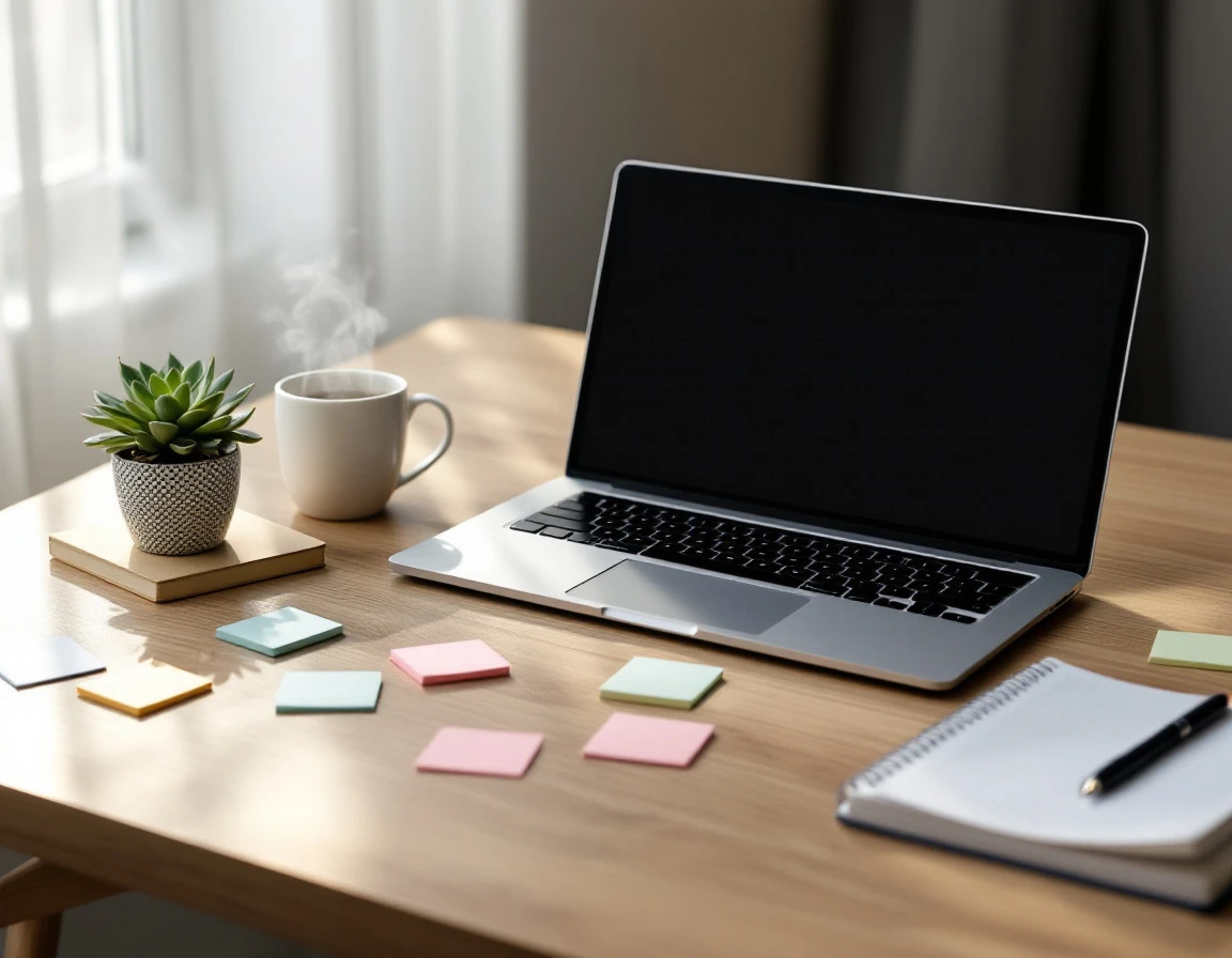 Overhead view of organized desk workspace with laptop, notebook, coffee, and planning materials