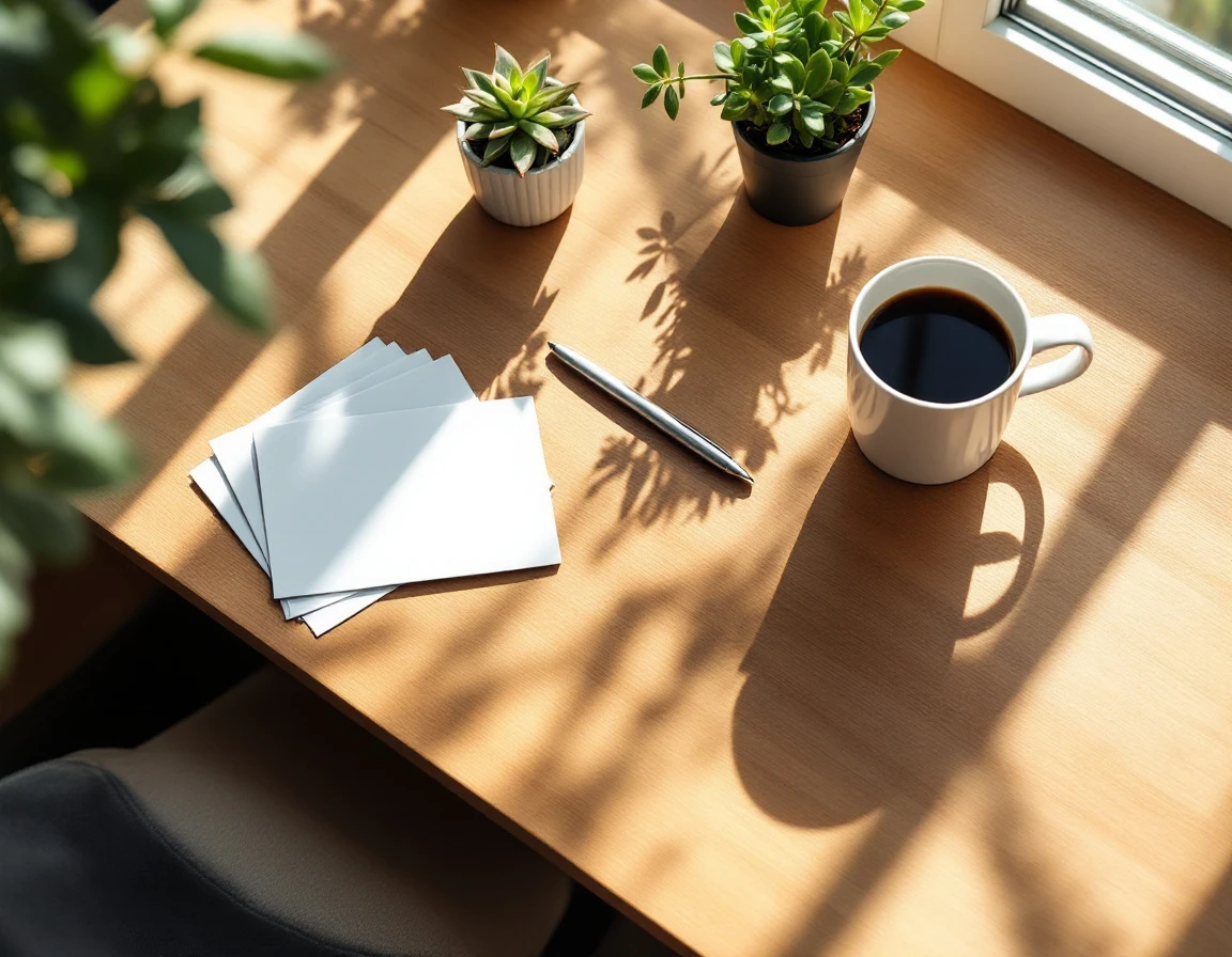 Clean workspace with blank notecards and coffee cup on wooden desk suggesting content planning workflow