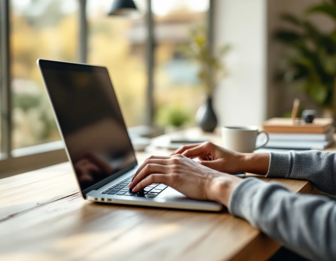 Professional home office desk with laptop, coffee mug, and papers bathed in natural window light