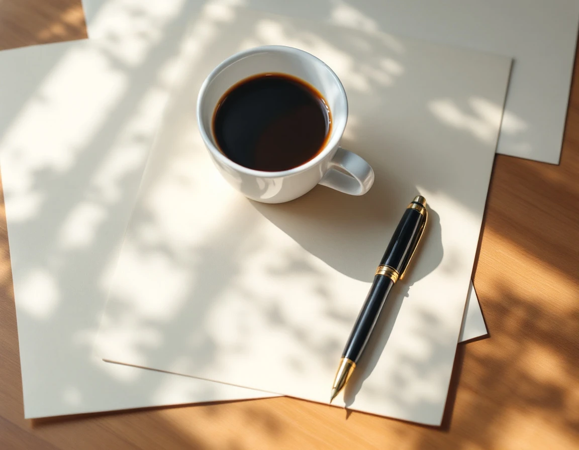 Minimalist workspace with coffee, pen, and blurred papers suggesting editorial review and content refinement