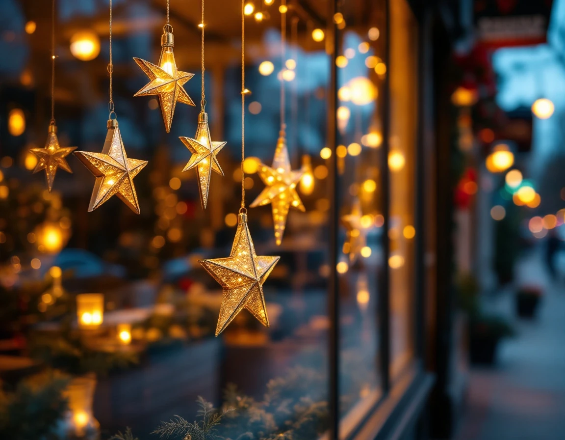 Storefront window with golden star decorations and warm evening lighting creating inviting business atmosphere