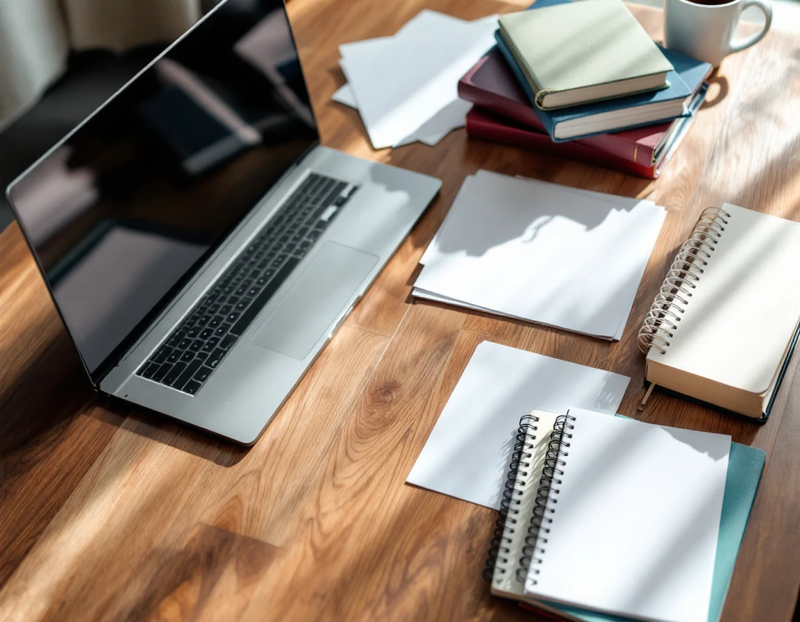 Organized research workspace with closed reference materials and laptop for content strategy development