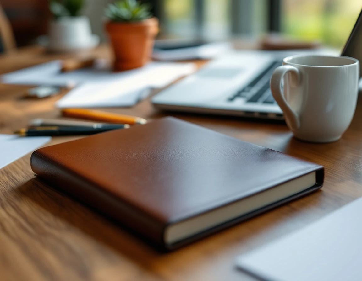 Organized workspace with closed planner, laptop, coffee mug, and office supplies on wooden desk