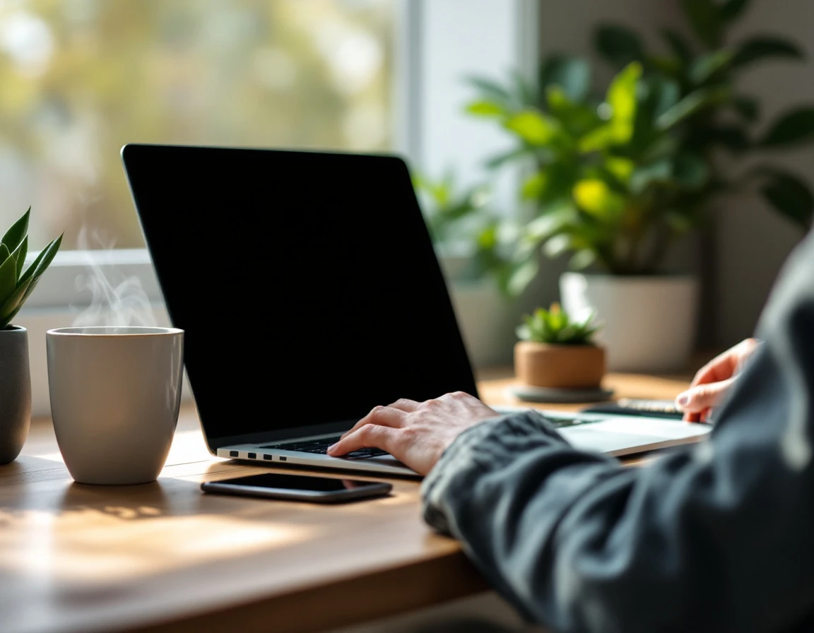 Workspace with laptop angled away, coffee mug, and phone showing content strategy environment