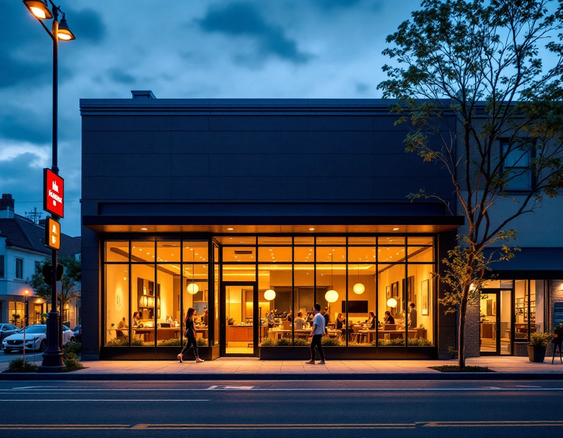 Local business storefront with warm lighting at dusk showing street-level visibility and professional curb appeal