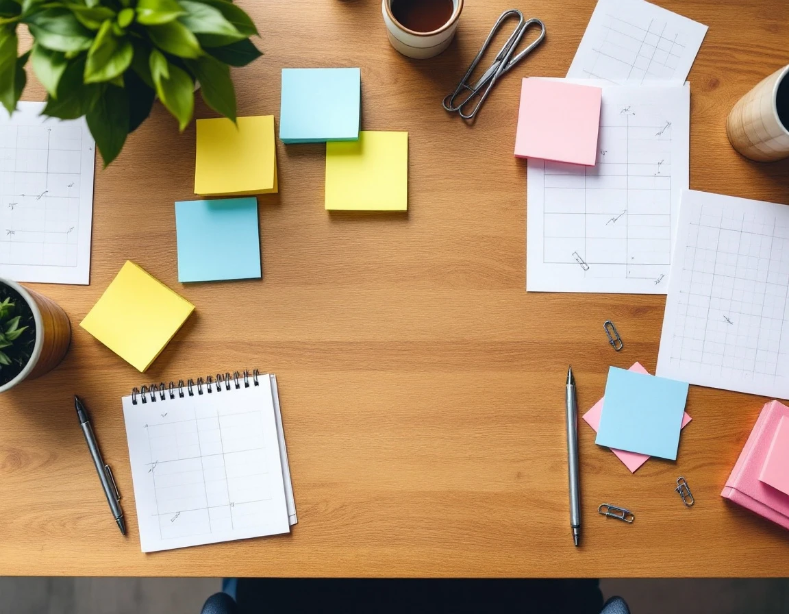 Organized workspace flatlay with blank sticky notes, unmarked planning materials, and office supplies on wooden desk