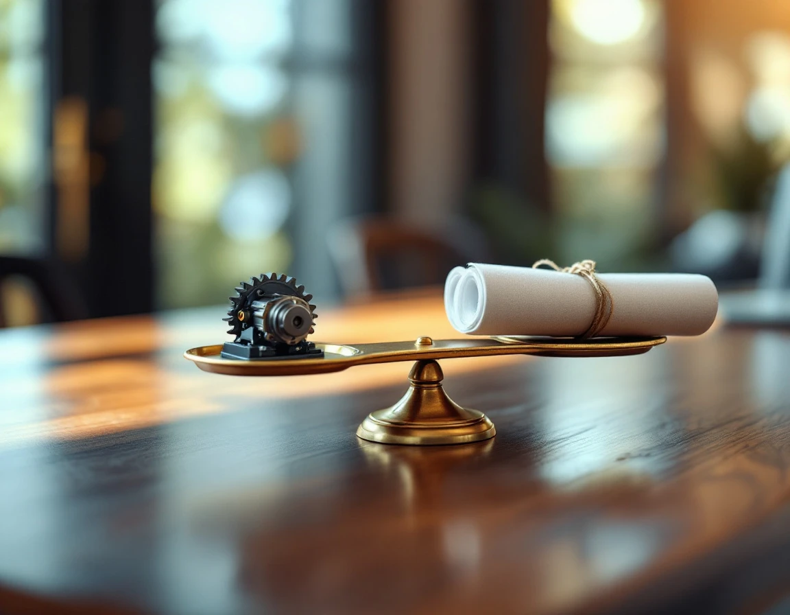 Brass balance scale weighing mechanical gears against rolled documents on wooden desk