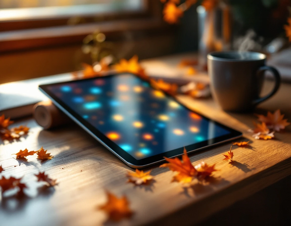 Tablet device on autumn workspace desk with coffee mug and seasonal leaves, screen intentionally blurred