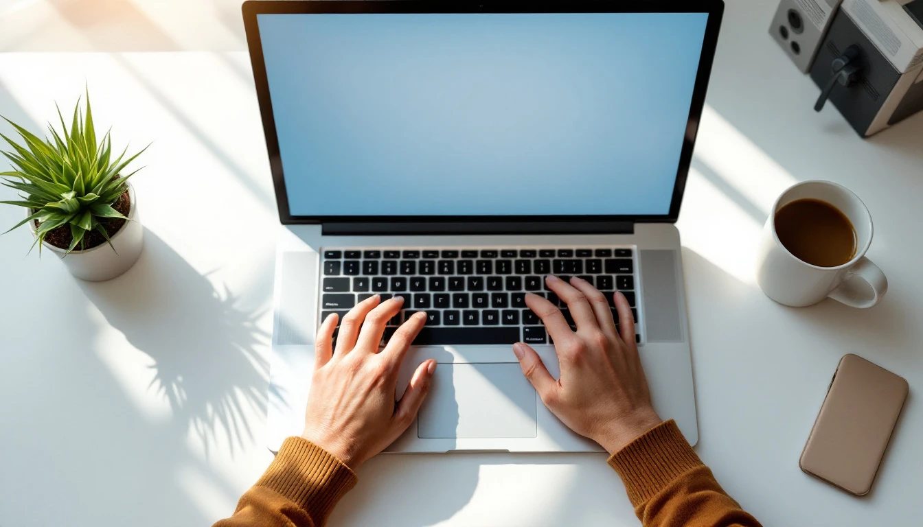 Hands typing on laptop in modern workspace with soft natural lighting and minimal desk setup