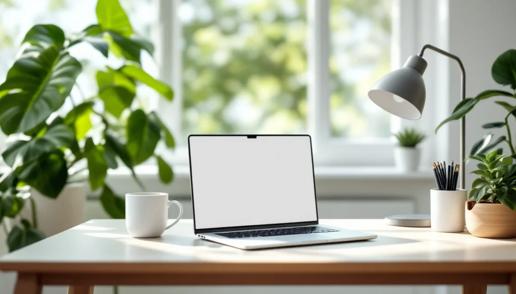 Bright modern healthcare workspace with laptop, plants, and natural lighting creating professional atmosphere