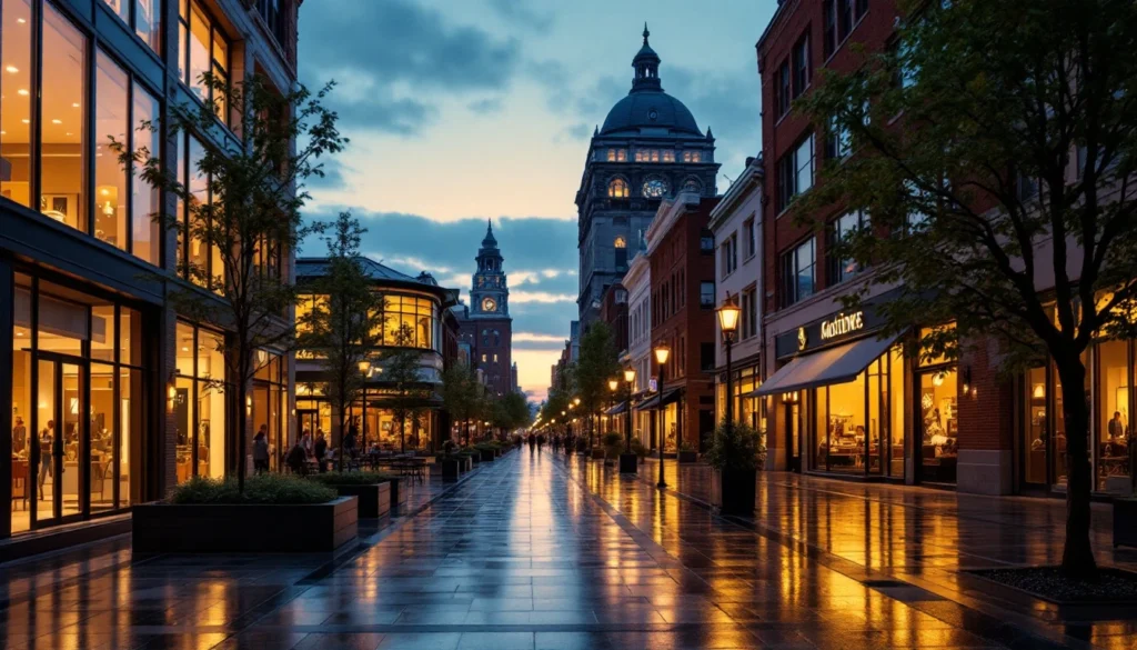 Multi-storefront urban commercial district at dusk with wet pavement reflections and diverse architecture