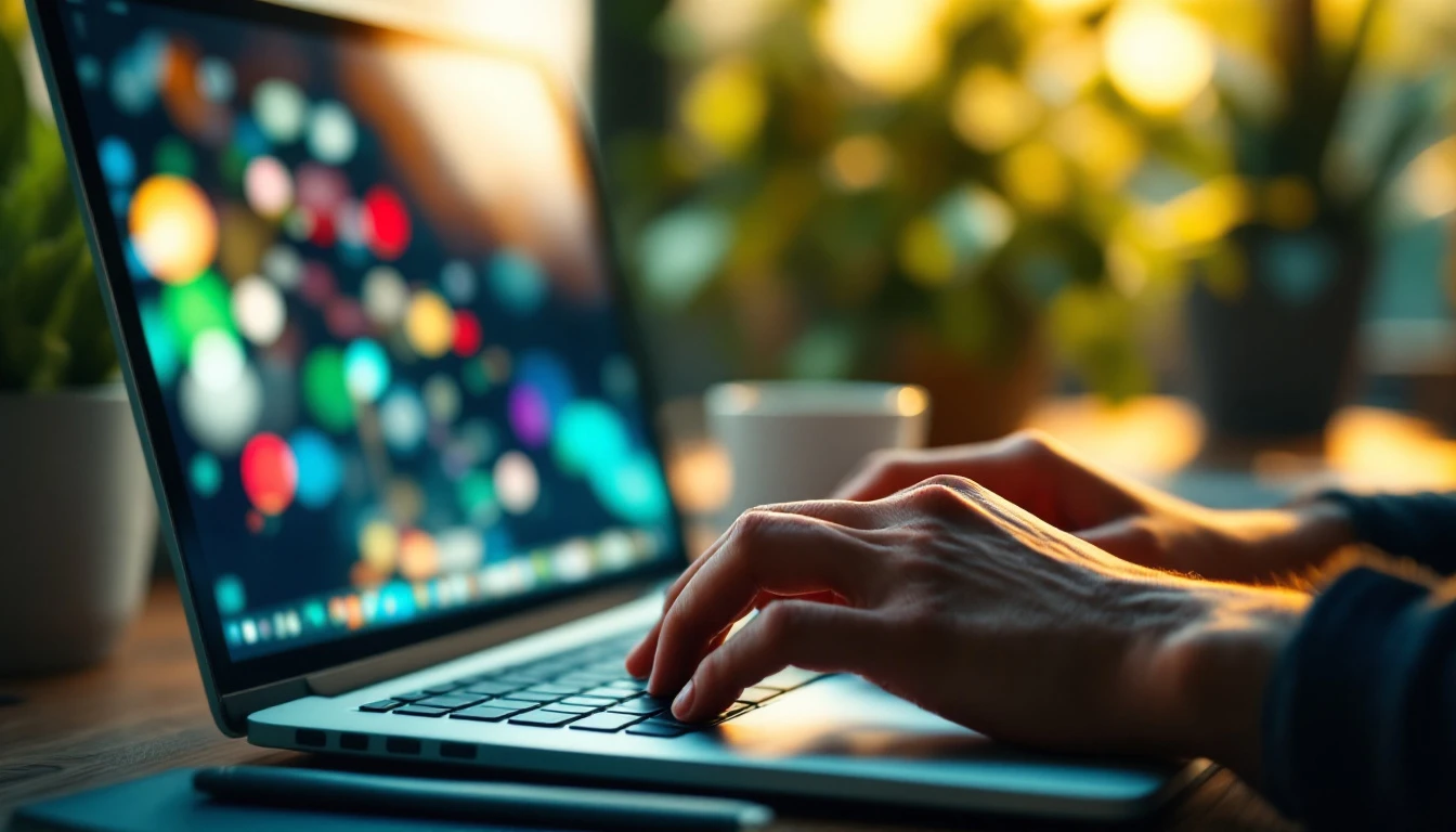 Professional hands typing on laptop keyboard with blurred analytics display in warm natural office lighting