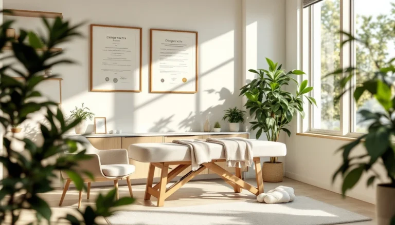 Modern chiropractor office with treatment table, natural lighting, and welcoming consultation space