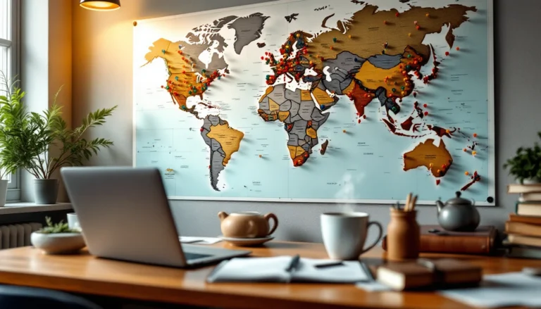 World map with location markers on wall above workspace showing multi-market content planning strategy