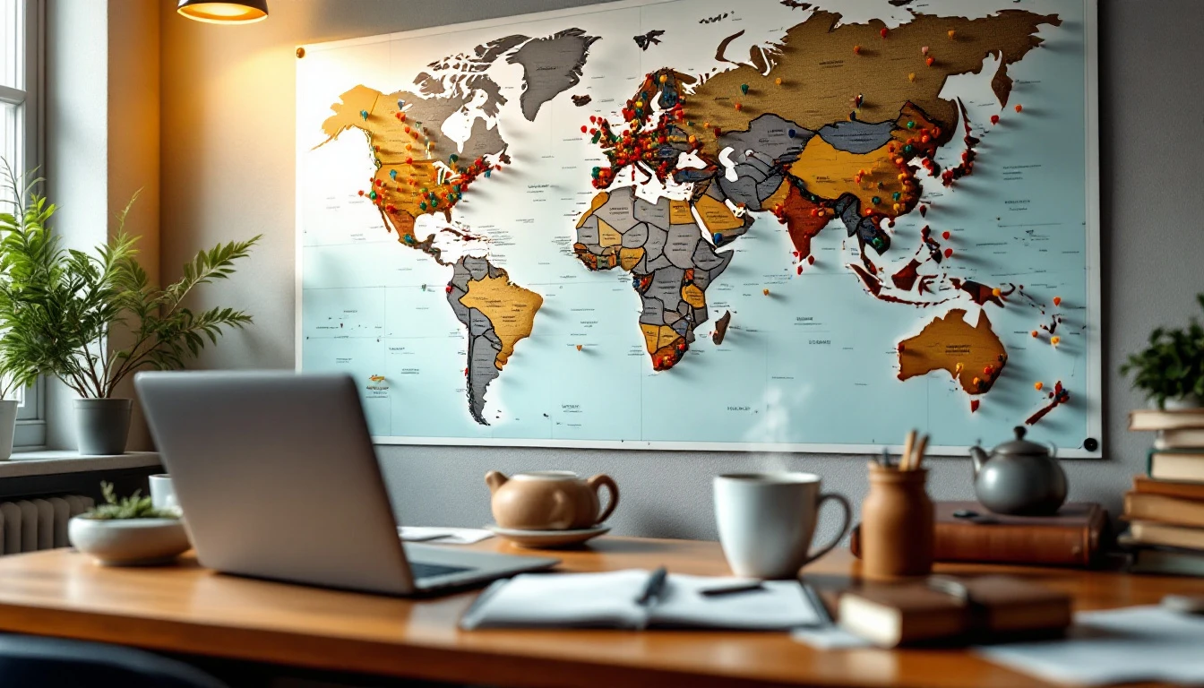 World map with location markers on wall above workspace showing multi-market content planning strategy