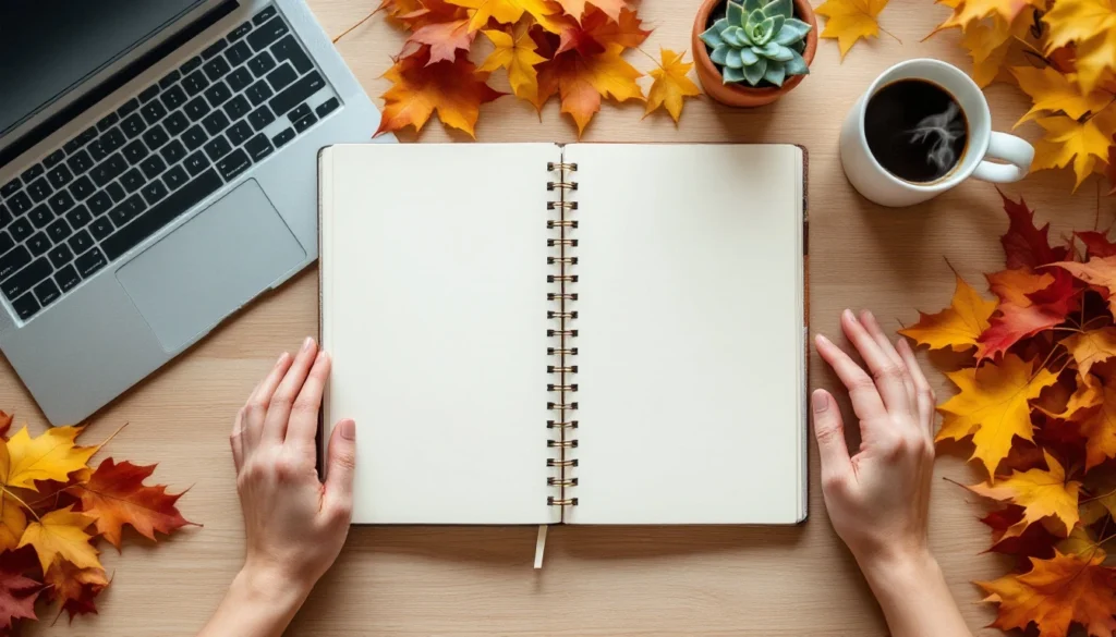 Autumn workspace with laptop, blank planner, coffee, and seasonal leaves on wooden desk
