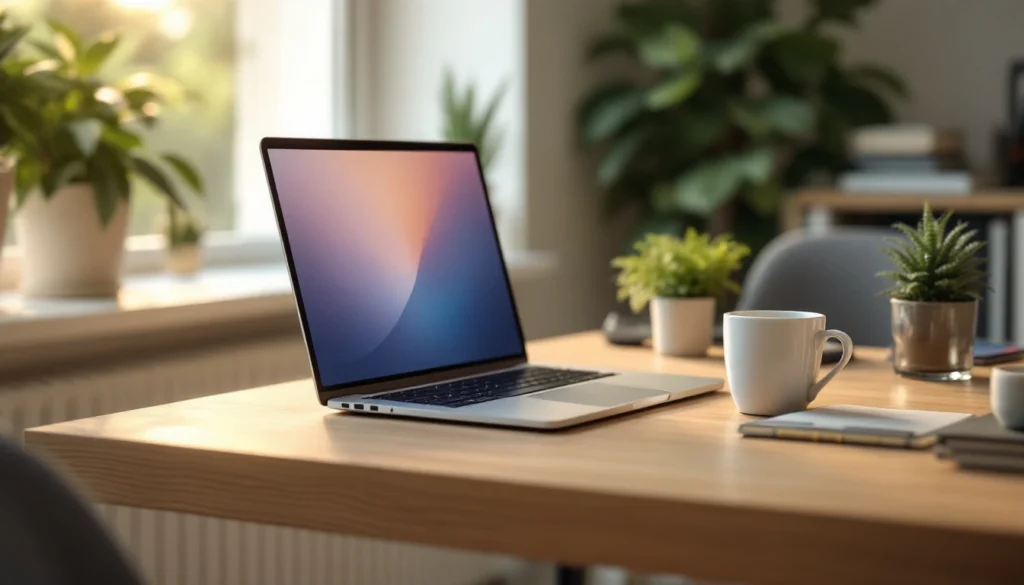 Modern workspace with laptop and planning materials for content strategy development