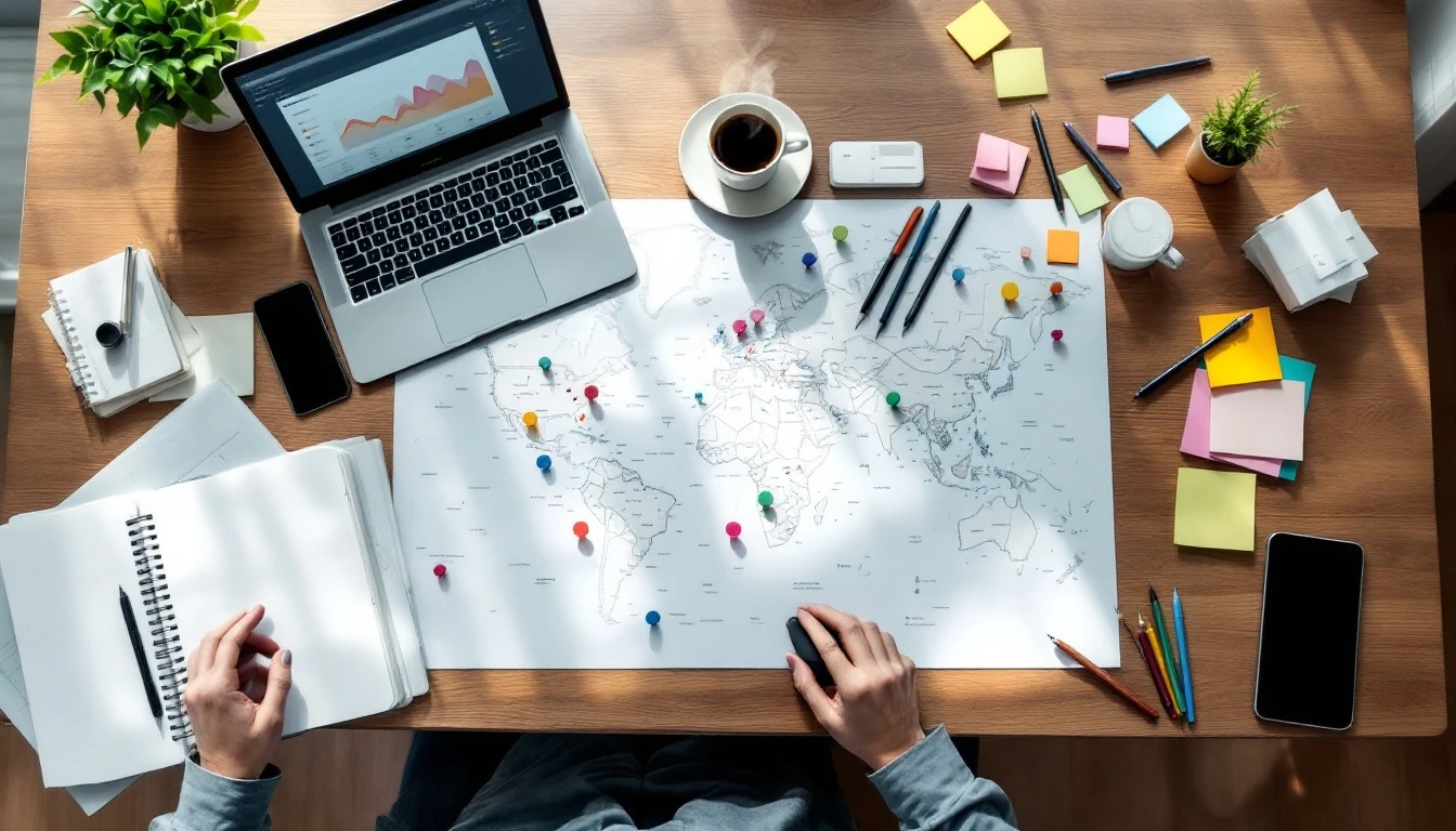 Overhead workspace with maps, notebooks, laptop, and planning materials for location content strategy